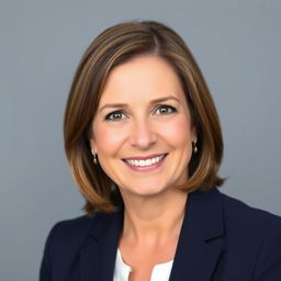 A professional passport size photo of a middle-aged woman with an attractive smile, wearing a navy blue blazer and a white blouse
