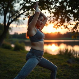 A fitness scene featuring a healthy individual practicing yoga outdoors to tone their belly, surrounded by nature, with the sun setting in the background to create a warm and inviting atmosphere