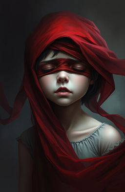 A digital painting depicting a young girl with blindfolded eyes, covered by flowing red cloth, conveying an expression of deep emotional pain