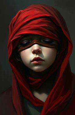 A digital painting depicting a young girl with blindfolded eyes, covered by flowing red cloth, conveying an expression of deep emotional pain