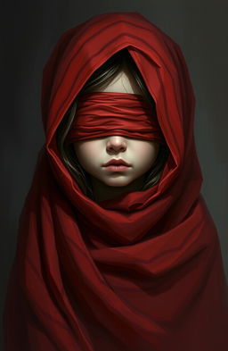 A digital painting depicting a young girl with blindfolded eyes, covered by flowing red cloth, conveying an expression of deep emotional pain