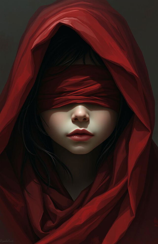 A digital painting depicting a young girl with blindfolded eyes, covered by flowing red cloth, conveying an expression of deep emotional pain