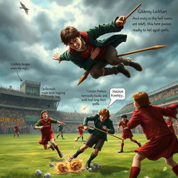 A dramatic scene depicting a Quidditch match in progress