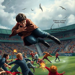 A dramatic scene depicting a Quidditch match in progress