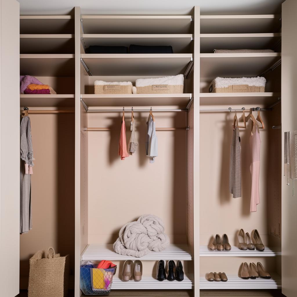 Design an image of a spacious and organized wardrobe storage system.