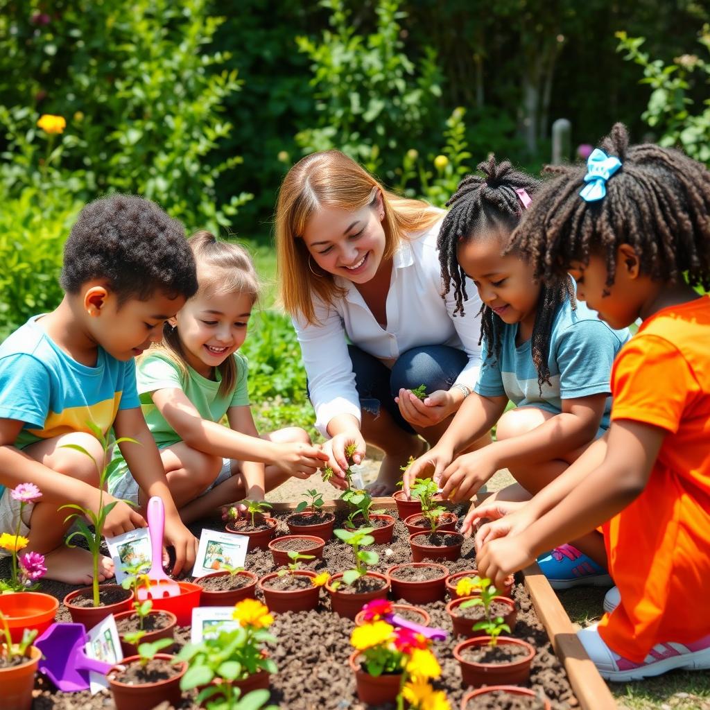 A vibrant and joyful scene of children planting seeds in a garden under the guidance of a teacher