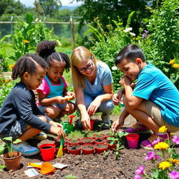 A vibrant and joyful scene of children planting seeds in a garden under the guidance of a teacher