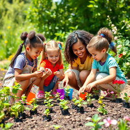 A vibrant and joyful scene of children planting seeds in a garden under the guidance of a teacher