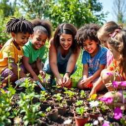 A vibrant and joyful scene of children planting seeds in a garden under the guidance of a teacher