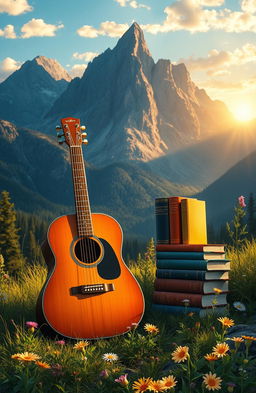 A stunning digital painting featuring a beautiful acoustic guitar elegantly placed next to an assortment of colorful books