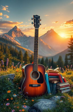 A stunning digital painting featuring a beautiful acoustic guitar elegantly placed next to an assortment of colorful books