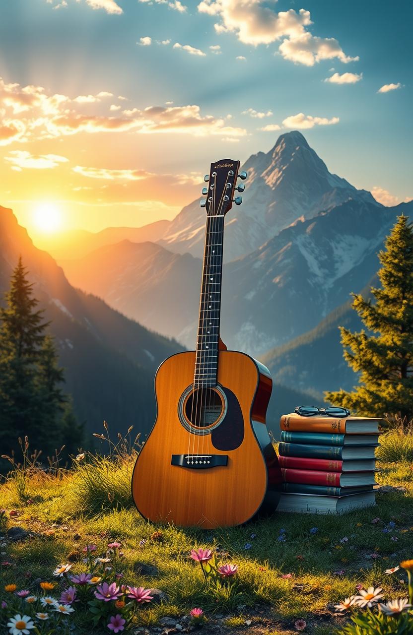 A stunning digital painting featuring a beautiful acoustic guitar elegantly placed next to an assortment of colorful books