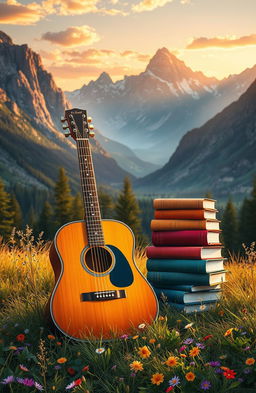 A stunning digital painting featuring a beautiful acoustic guitar elegantly placed next to an assortment of colorful books