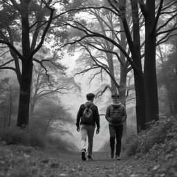 A teenage boy walking with his male friend in a forest setting, surrounded by trees and natural elements