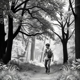 A teenage boy walking with his male friend in a forest setting, surrounded by trees and natural elements