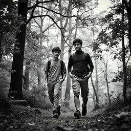 A teenage boy walking with his male friend in a forest setting, surrounded by trees and natural elements
