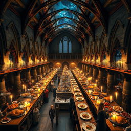 A beautifully detailed scene of the Hogwarts Great Hall, set for a magnificent feast