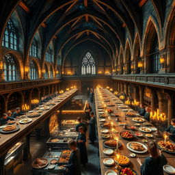 A beautifully detailed scene of the Hogwarts Great Hall, set for a magnificent feast