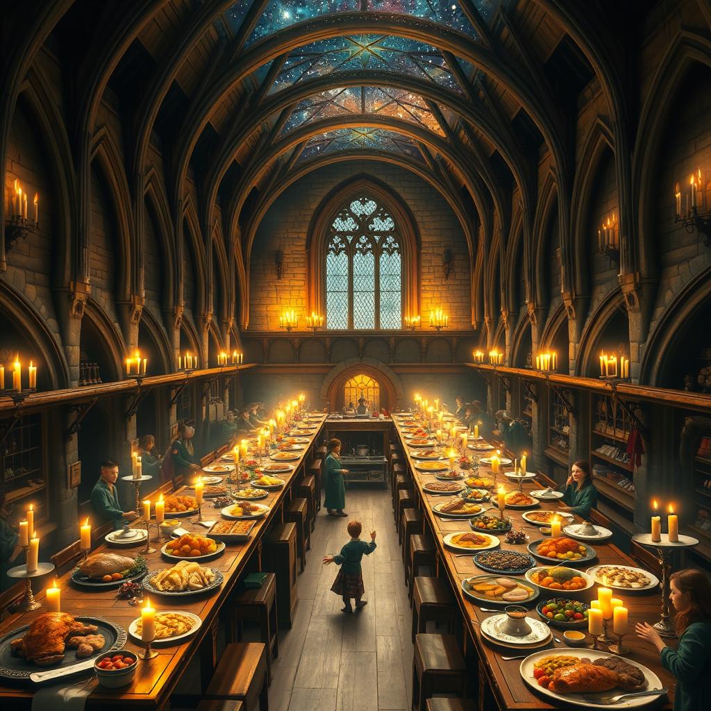 A beautifully detailed scene of the Hogwarts Great Hall, set for a magnificent feast