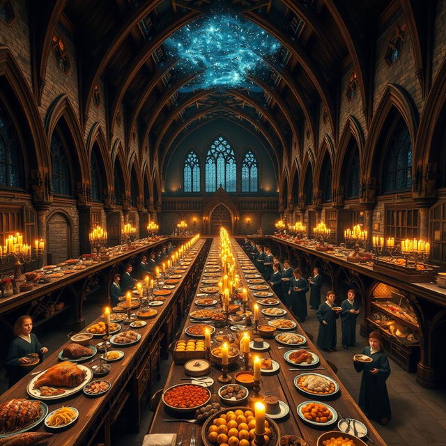 A beautifully detailed scene of the Hogwarts Great Hall, set for a magnificent feast