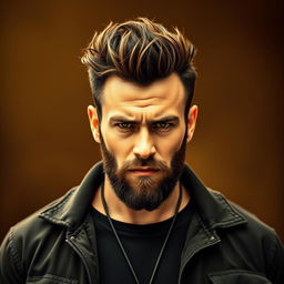 A rugged man with a neatly trimmed beard, sharp jawline, and a confident expression with slightly narrowed eyes