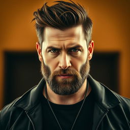 A rugged man with a neatly trimmed beard, sharp jawline, and a confident expression with slightly narrowed eyes