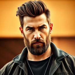 A rugged man with a neatly trimmed beard, sharp jawline, and a confident expression with slightly narrowed eyes
