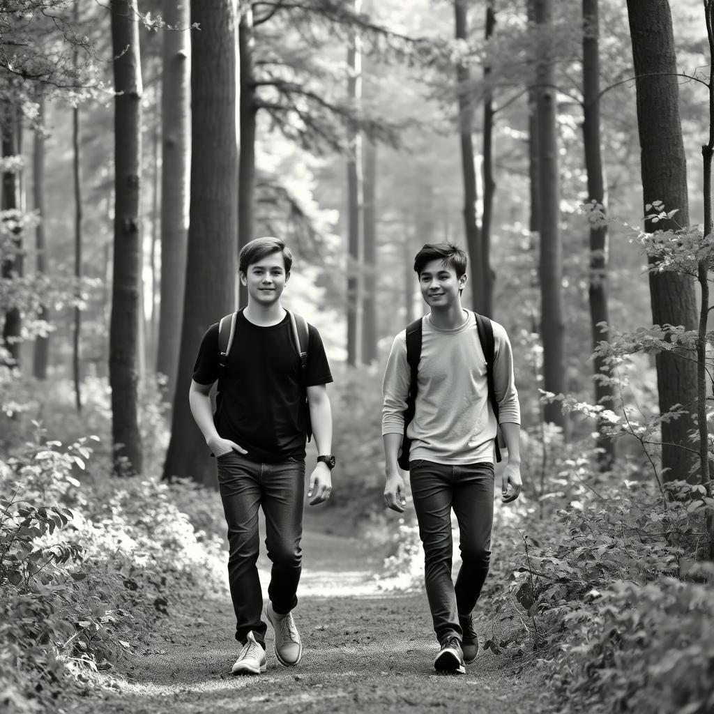 A teenage boy walking with his male friend in a forest, surrounded by tall trees and lush greenery