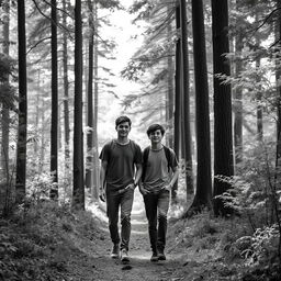 A teenage boy walking with his male friend in a forest, surrounded by tall trees and lush greenery