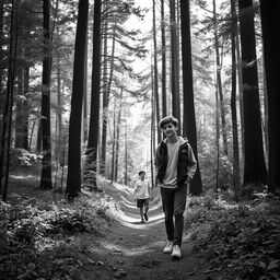 A teenage boy walking with his male friend in a forest, surrounded by tall trees and lush greenery