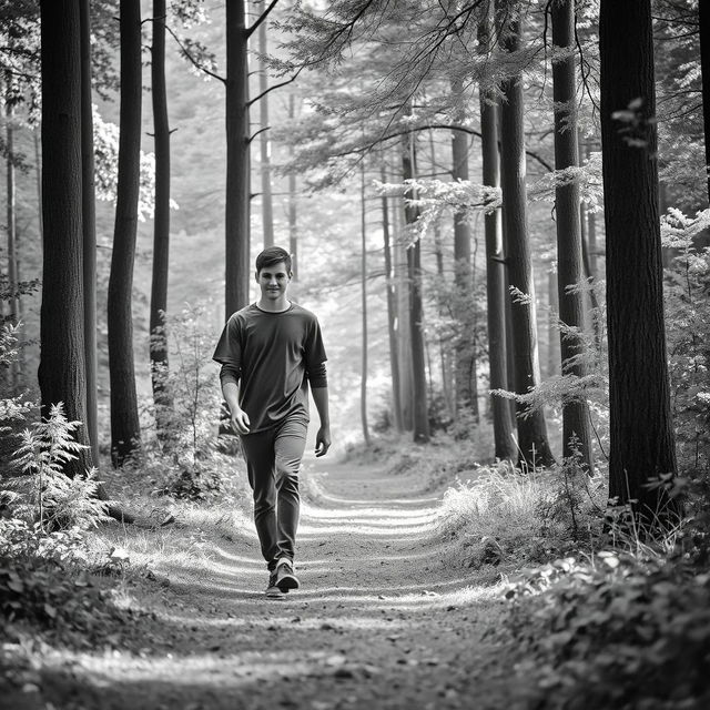 A teenage boy walking with his male friend in a forest, surrounded by tall trees and lush greenery