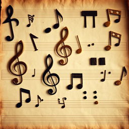 A detailed collage of various music symbols, including treble clefs, bass clefs, musical notes (quarter notes, eighth notes, etc