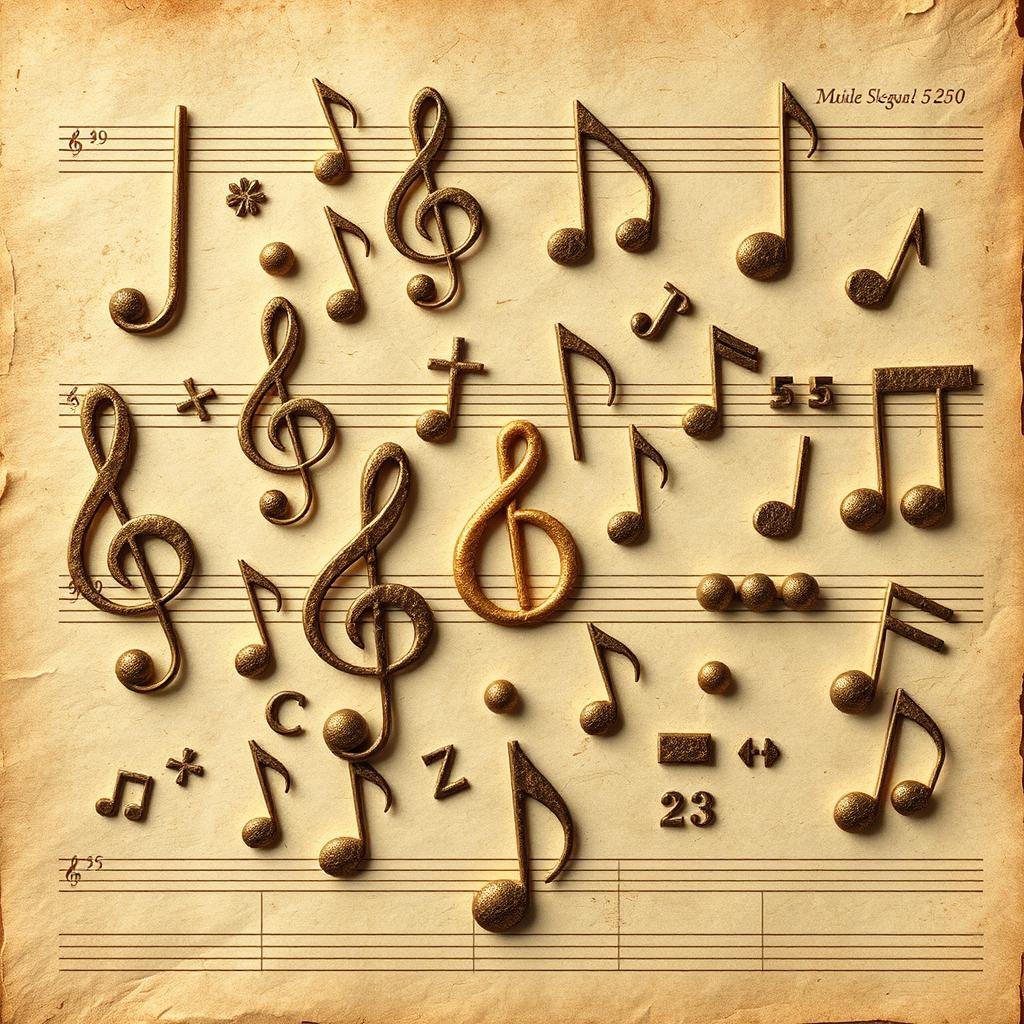 A detailed collage of various music symbols, including treble clefs, bass clefs, musical notes (quarter notes, eighth notes, etc