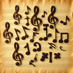 A detailed collage of various music symbols, including treble clefs, bass clefs, musical notes (quarter notes, eighth notes, etc