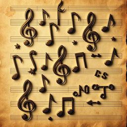 A detailed collage of various music symbols, including treble clefs, bass clefs, musical notes (quarter notes, eighth notes, etc
