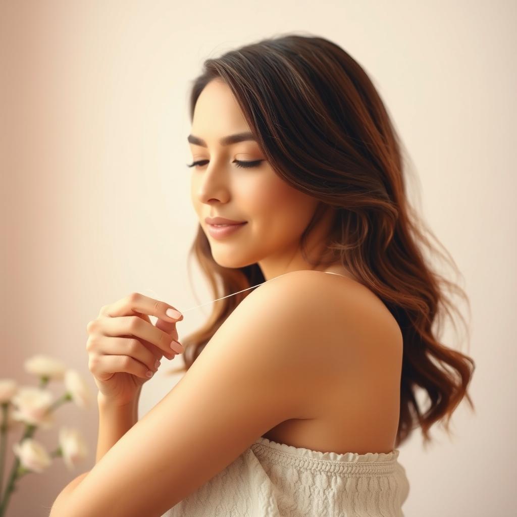 A close-up view of a woman in a serene setting, elegantly threading her armpits
