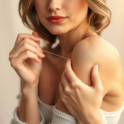 A close-up view of a woman in a serene setting, elegantly threading her armpits