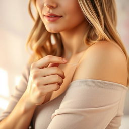 A close-up view of a woman in a serene setting, elegantly threading her armpits