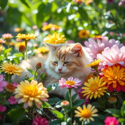 A serene and vibrant garden scene with various flowers blooming, particularly highlighting a soft, gentle cat resting among the petals