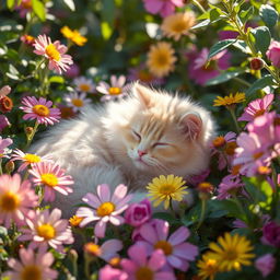 A serene and vibrant garden scene with various flowers blooming, particularly highlighting a soft, gentle cat resting among the petals