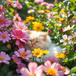 A serene and vibrant garden scene with various flowers blooming, particularly highlighting a soft, gentle cat resting among the petals