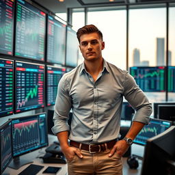 A tall, muscular young man standing confidently in a modern office filled with large screens displaying stock market data, wearing a smart casual outfit with rolled-up sleeves