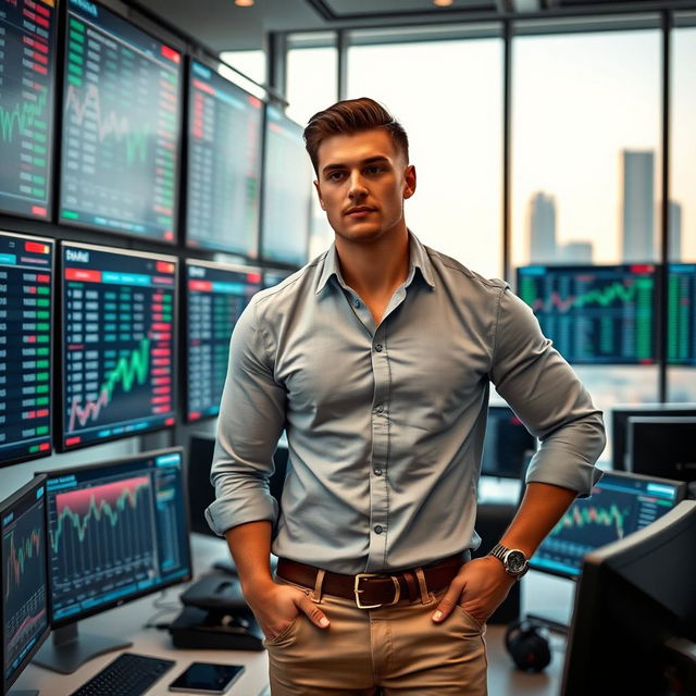 A tall, muscular young man standing confidently in a modern office filled with large screens displaying stock market data, wearing a smart casual outfit with rolled-up sleeves