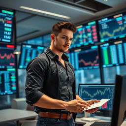 A tall, muscular young man standing confidently in a modern office filled with large screens displaying stock market data, wearing a smart casual outfit with rolled-up sleeves