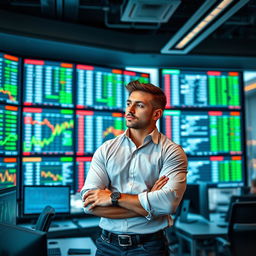 A tall, muscular young man standing confidently in a modern office filled with large screens displaying stock market data, wearing a smart casual outfit with rolled-up sleeves