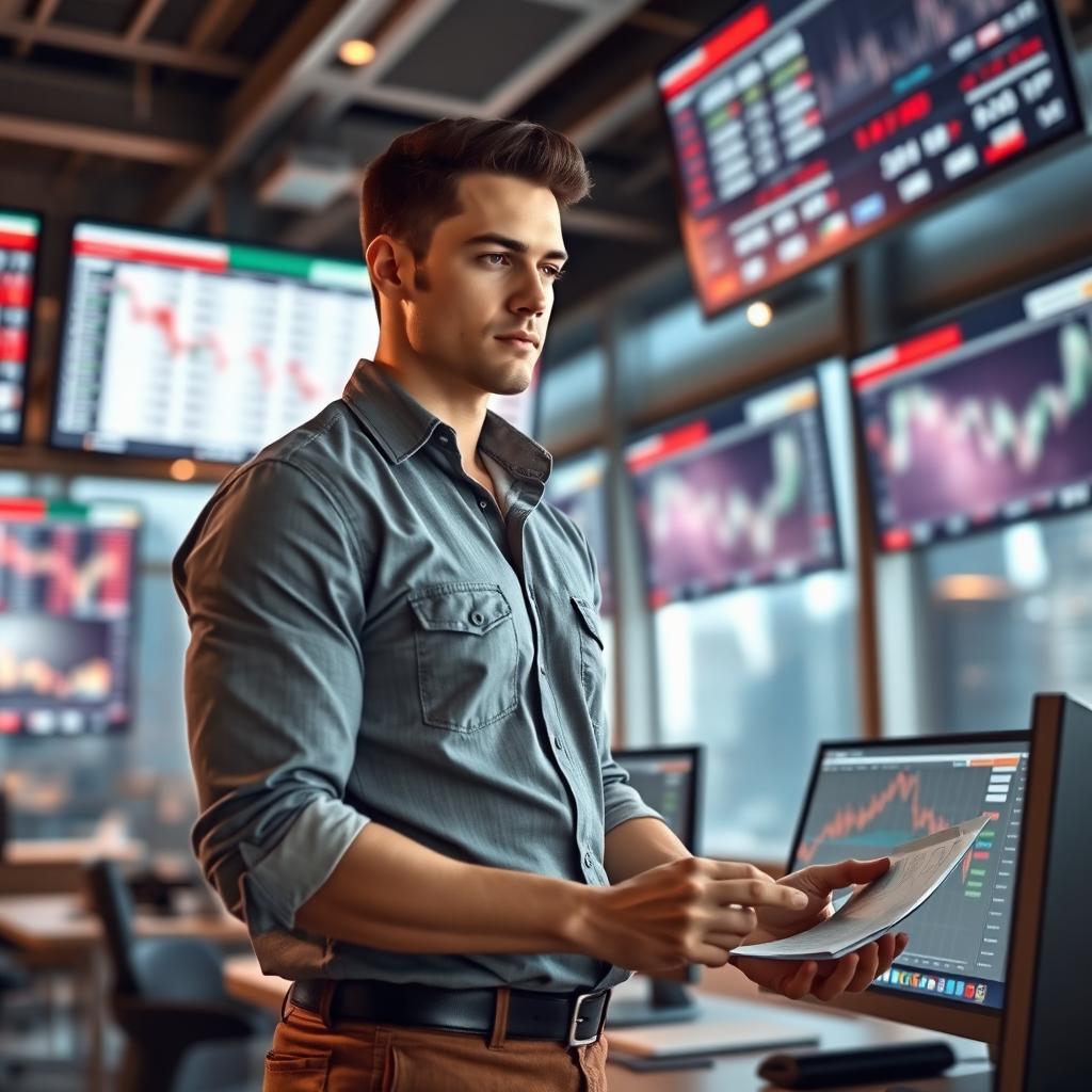 A tall, muscular young man standing confidently in a modern office filled with large screens displaying stock market data, wearing a smart casual outfit with rolled-up sleeves