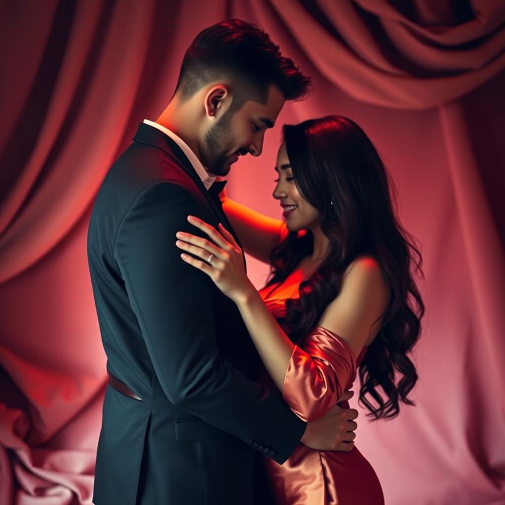 A sensual and intimate scene featuring a couple embracing each other, surrounded by soft, dim lighting that creates a romantic atmosphere