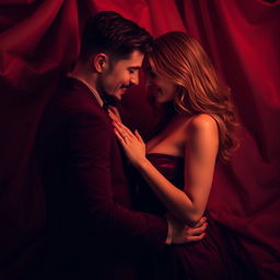 A sensual and intimate scene featuring a couple embracing each other, surrounded by soft, dim lighting that creates a romantic atmosphere