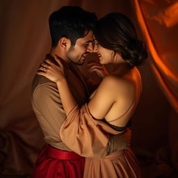 A sensual and intimate scene featuring a couple embracing each other, surrounded by soft, dim lighting that creates a romantic atmosphere