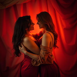A sensual and intimate scene featuring a couple embracing each other, surrounded by soft, dim lighting that creates a romantic atmosphere